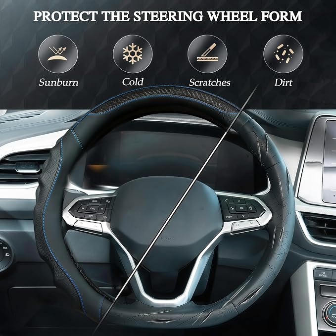 Leather Car Steering Wheel Cover, 14.5-15Inch Anti-Slip Steering Wheel Cover, Universal for Cars Truck SUV, Car Accessories (Black - Blue line)
