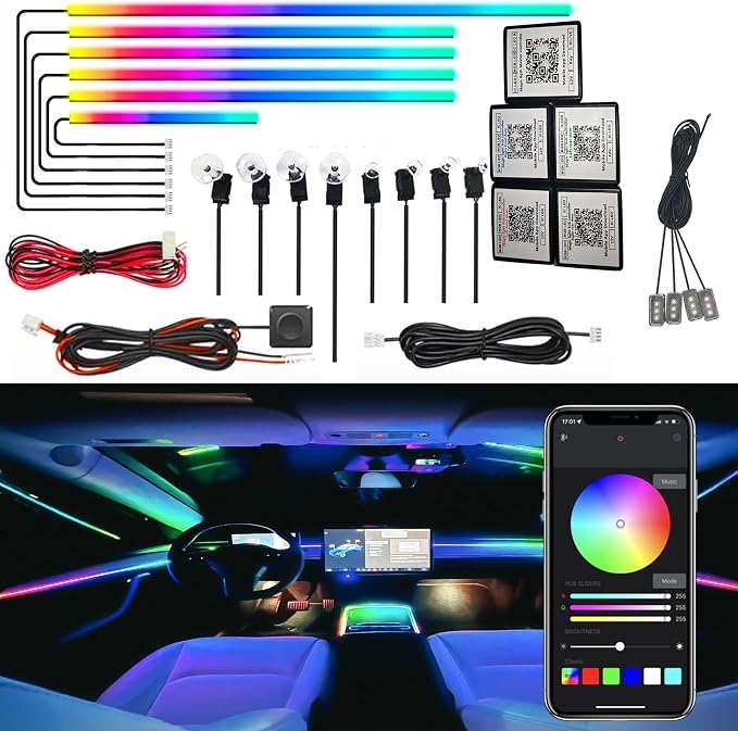 Dreamcolor Acrylic Interior Car LED Strip Light, RGB 18 in 1 Fiber Optic Ambient Lighting Kits, 16 Million Colors Sound Active Function Car Neon Lights with Wireless APP