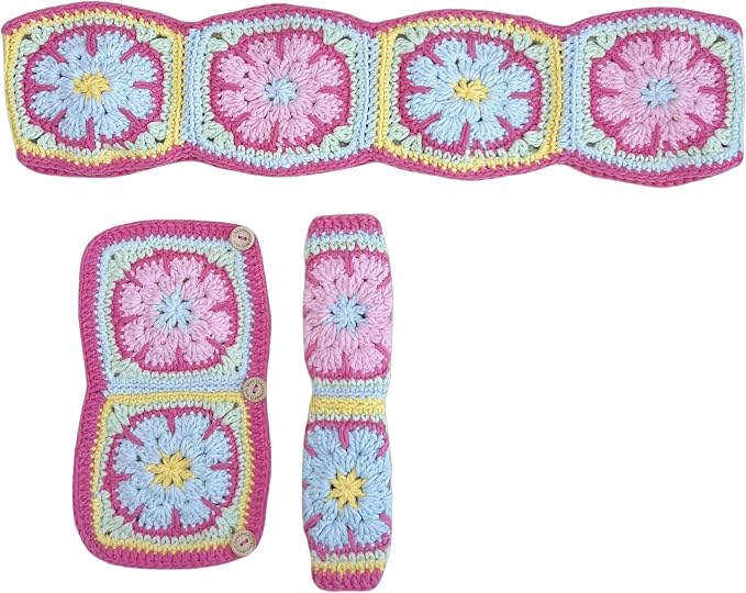 Handmade Crochet Pink Fower Granny Square Car Steering Wheel Covers Universal 14-15 inch for Women and Men (Steer Wheel Cover+ 2 Belt Cover)