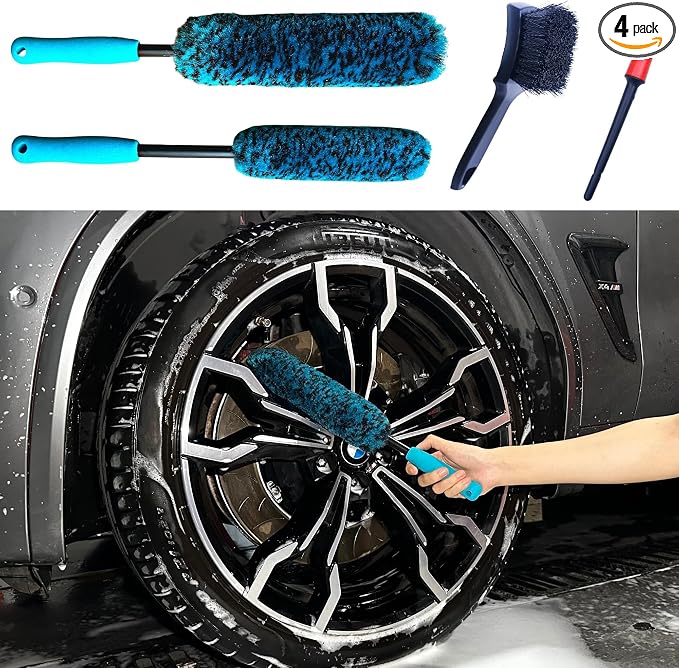 oesee PRO Choice 4 Pack Long Handle Wheel Brush Kit for Cleaning Wheel and Tire- 2X Soft Wheel Cleaning Brush, Detailing Brush and Stiff Tire Brush