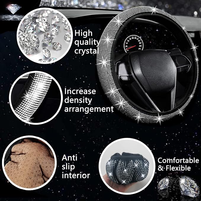 NBTEPEM 27 PCs Bling Car Accessories Set for Women, Steering Wheel Covers Universal Fit 15 Inch, Bling License Plate Frame, Bling Phone Holder, Bling Car Coasters (Silver Diamond)