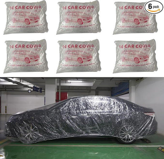 6-Pack Disposable Car Covers, Universal Clear Plastic Car Cover with Elastic Band, Waterproof Rainproof Dustproof Car Cover for SUV Sedan (15.7ft x 24.6ft)