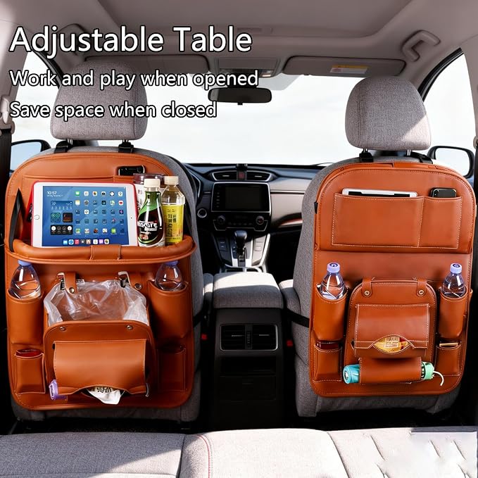 Car Backseat Organizer with Foldable Table Tray, PU Leather Seat Back Organizer with Trash Bin, Tablet Holder, Kick Mat Protector, Back Seat Storage for Cars, Brown