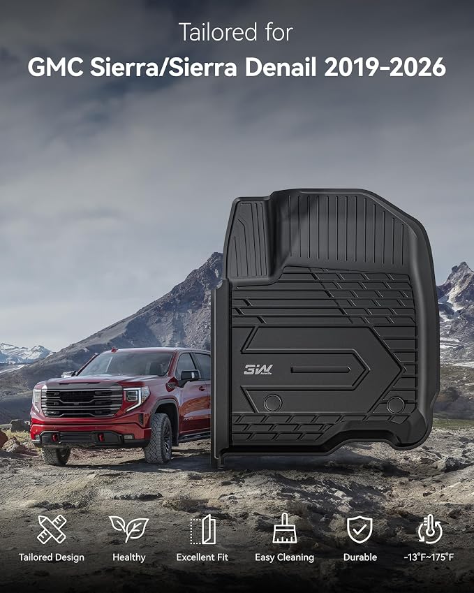 3W Floor Mats Fit for 2019-2026 Chevy Silverado/GMC Sierra Denali 1500 & 2020-2026 GMC Sierra 2500/3500 HD Crew Cab TPE All Weather Floor Liner, Fit for 2nd Row with Factory Carpeted Storage