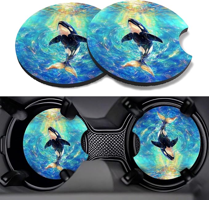 Car Cup Coasters,2 Pack Car Coaster,2.75inch Anti Slip and Absorbent Cars Coasters for Cup Holders,Neopren Accessories for Women,Cute Decor for Women (Whale)