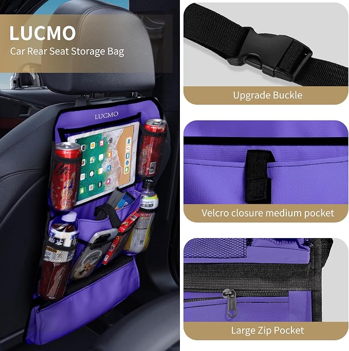 LUCMO Car Backseat Organizer with Touch Screen Tablet Holder, Dark Purple | 2 Pcs,9 Storage Pockets,Clear Tablet Holder,Protectors Kick Mats,Travel Accessories,Seat Cover,Road Trip Essentials