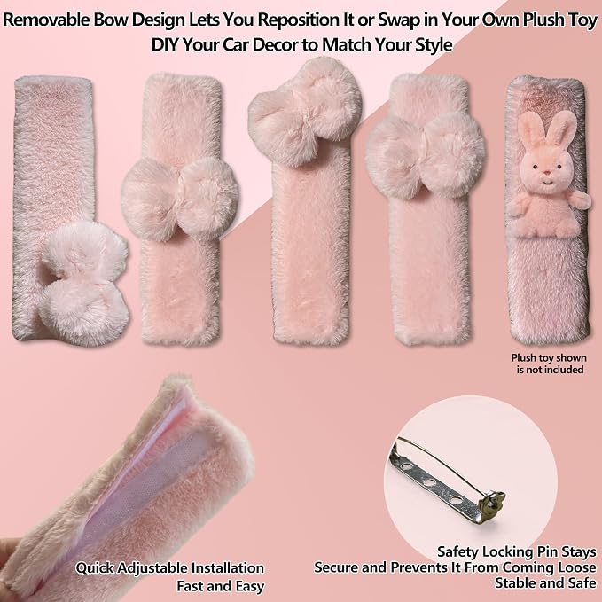 Car Neck Pillow 2PCS Plush Bowknot Car Headrest Pillow – Comfortable Neck Support for Driving Soft Touch Fabric Car Pillow Cute Interior Decor (Pink Set 4 Pcs)