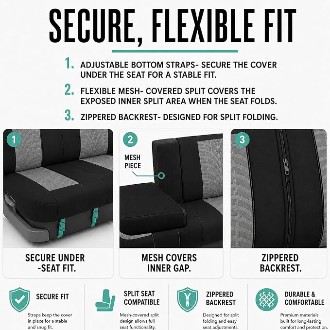 FH Group Rear Set Travel Master Car Seat Covers - Universal Fit, Split Bench Rear Seat, Washable, for SUV, Sedan, Gray