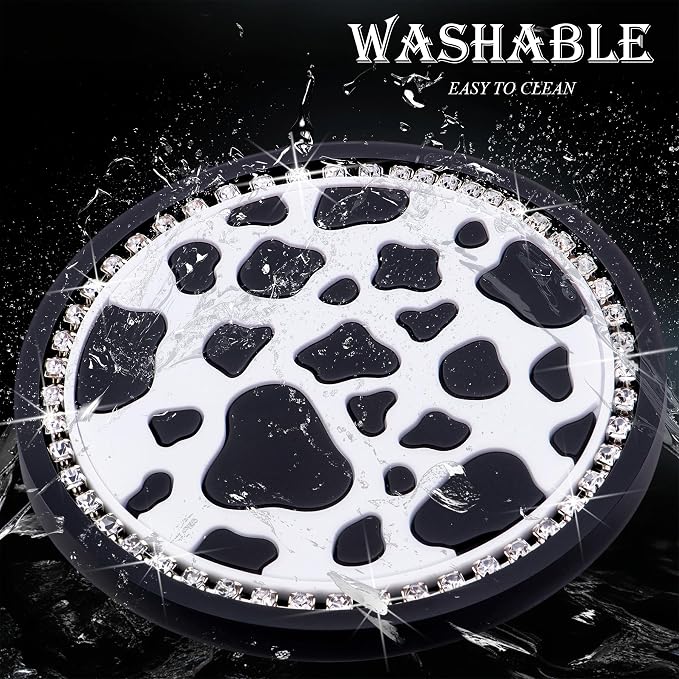 2PCS Bling Silicone Cup Holder Coaster – 2.75 Inch Universal Fit, Anti-Slip & Shockproof, Cute Car Accessories for Girls (Cow Print)
