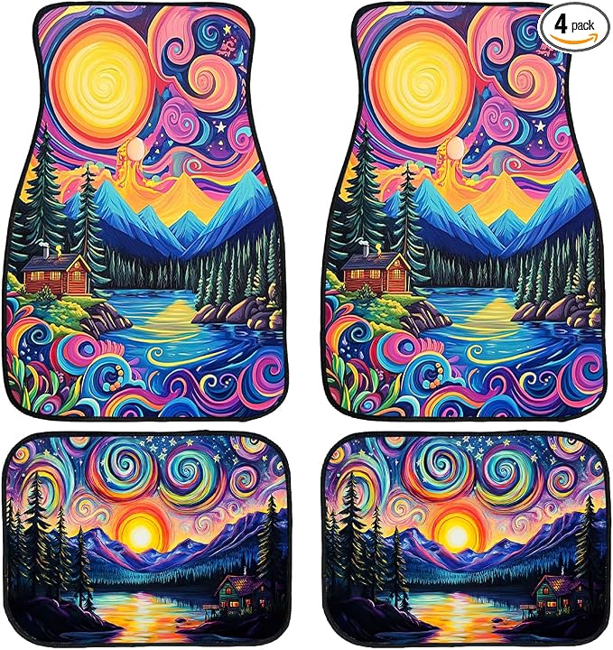 Abstract Car Floor Mats Set of 4 Colorful Sky Pine Tree Mountain Sun Set Automotive Car Floor Carpets Non-Slip Auto Car Accessories Universal Fit for Car SUV Truck Van
