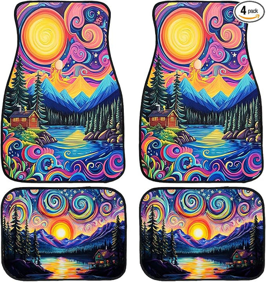 Abstract Car Floor Mats Set of 4 Colorful Sky Pine Tree Mountain Sun Set Automotive Car Floor Carpets Non-Slip Auto Car Accessories Universal Fit for Car SUV Truck Van