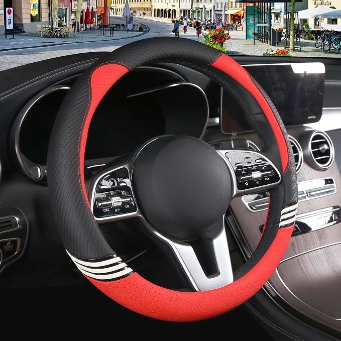 15 inch Cute Leather Steering Wheel Cover Black and Red | Breathable Non-Slip Faux Leather and Carbon Fiber Car Accessories for Women Men Universal 14.5 inch to 15 inch