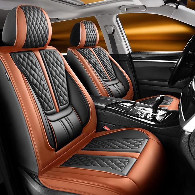Fit Leaf Car Seat Covers Compatible with Nissan Leaf 2011-2025 2026.Full Coverage Waterproof Leather,Compatible with Airbag,All - Weather Seat Cushion Protector(Full Set,Brown)