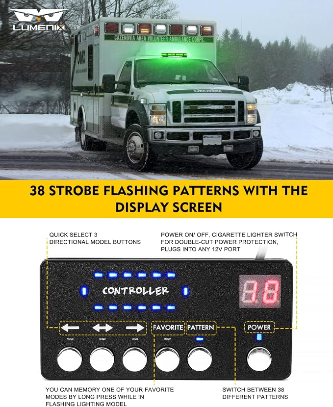 LUMENIX 42 LED Green Rooftop Strobe Beacon Light Bar with Controller | Magnetic Mount Hazard Caution Warning Light for Tow Trucks, Snowplows, Work Cars, Utility Vehicles, Patent Design