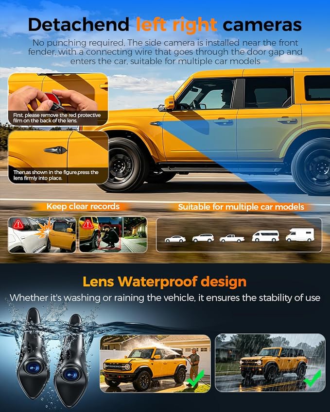 4 Channel Mirror Dash Cam,12" Rear View Mirror Camera,1080P Front Rear Left Right Dash Camera for Car, WiFi Smart Rear View Mirror Camera with 64GB Card, Night Vision, 24H Parking Monitor, G-Sensor
