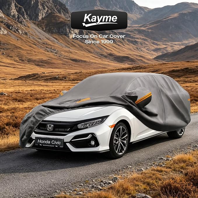 Kayme Heavy Duty Car Cover Custom Fit Honda Civic 1991-2026, Waterproof All Weather Outdoor Full Protection, Sun Rain UV Resistant with Zipper Door and Windproof Straps.