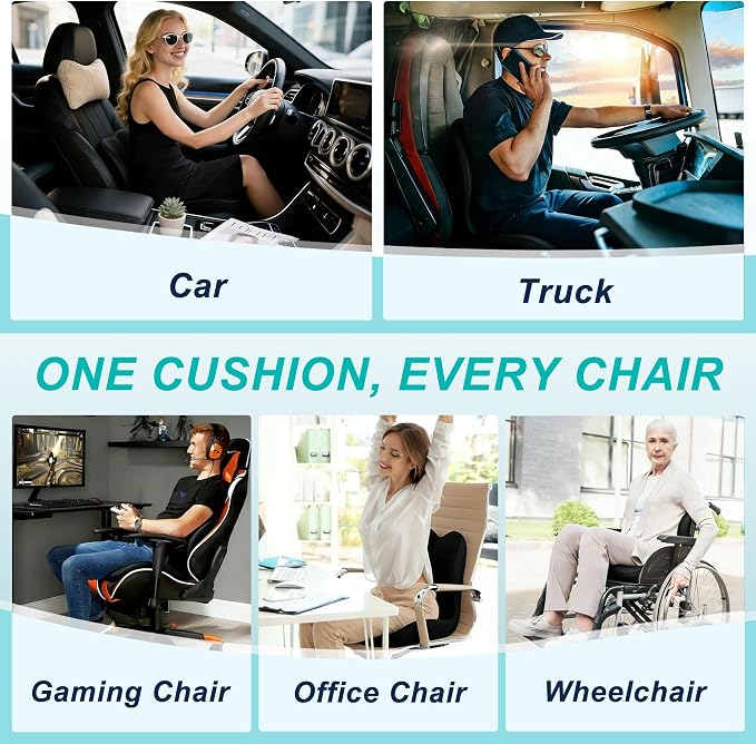 Seat Cushion for Office Chair and Car, Lumbar Support Pillow for Office Chair, Memory Foam Ergonomic Seat Cushion for Long Sitting, Back & Tailbone Pain, Sciatica - Black