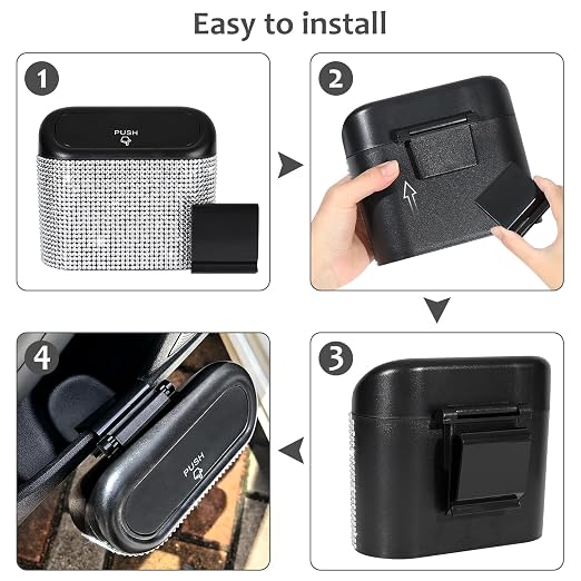 Accmor Bling Car Trash Can with Lid, Mini Auto Garbage Storage Bin with 60pcs Garbage Bags, Sparkling Crystal Trash Bags Holder Dustbin Vehicle Accessories Container Organizer (White Rhinestone)