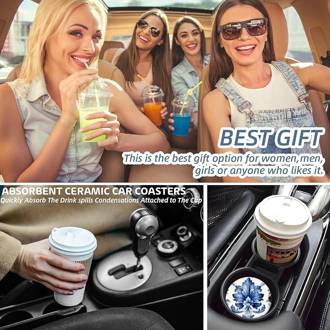 Cup Holder for Car,Blue and White Floral Elegant Print Ceramic Coasters Non-Slip Cup Holder Insert with Fingertip Grip, Auto Interior Accessories for Women & Men,Pack of 2, 2.56In