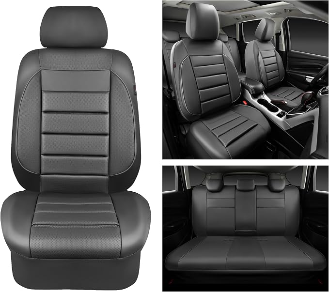 CAR PASS Leather Seat Covers Full Set Universal Water Resistant 3D Foam Back Support, Luxury Comfort Automotive 5 Seat Covers All Season Fit for SUV,Sedan,Van, Airbag Compatible Elegance (Gray)