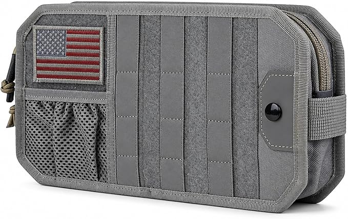 Molle Car Sun Visor Organizer,Car Accessories with Zipper Visor Storage Pouch&Glasses Clip&Adjustable Straps, Semi-Rigid Molle Panel for Tactical Gears, Fits Most Vehicles, SUVs (Grey)