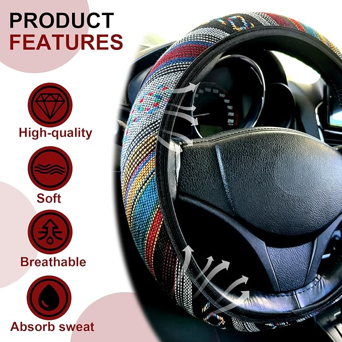 Boho Flax Cloth Steering Wheel Cover, Hippie Baja Blanket Anti-Slip Breathable Protector, Universal Fit 14.5-15 Inch for Cars SUV Van Truck, Women Car Interior Accessories (Style A)