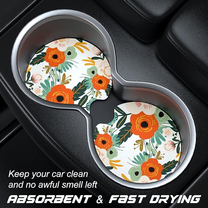 Aiawoxc Car Cup Holder Coasters, 2 Pack Universal Auto Anti Slip Insert Coaster with A Finger Notch, Cute Car Assecories for Women Men, Cup Mat for Most Interior, White Flower