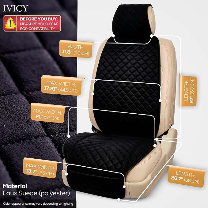 IVICY Faux Suede Front Car Seat Cover – Non-Slip Bucket Seat Protector for Most Cars, SUVs, Vans & Trucks – 1 Seat Cover, Machine Washable, Side-Airbag Friendly, Black