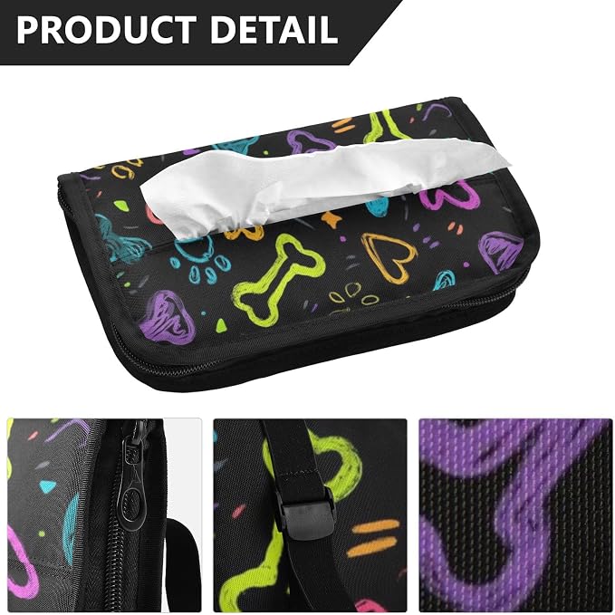 Car Visor Tissue Holder Mask Holder for Car, Car Tissue Box Sun Visor Napkin Holder Car Visor Accessories Adjustable Straps Reusable Durable Easy to Install Doodle Black Paw Print and Hearts
