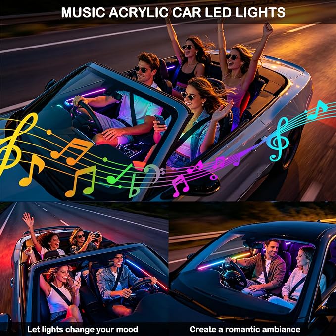 Interior Car LED Strip Lights with Wireless APP, Ambient Lighting Kits with Dynamic Dreamcolor Chasing, 16 Million Colors Acrylic LED Lights for Car, Sound Active Function Car Neon Lights (10 in 1)