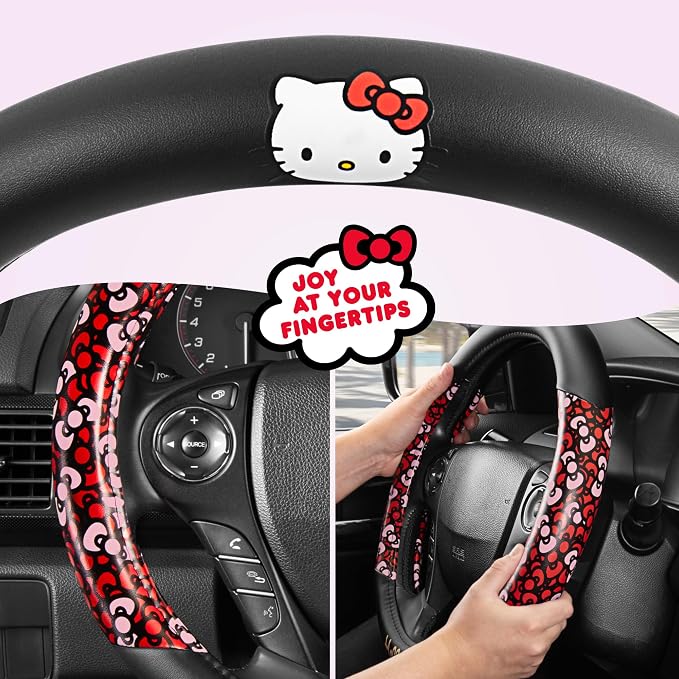 Hello Kitty Steering Wheel Cover, Official Sanrio Car Steering Wheel Cover with Universal Size 14.5-15.5, Cute Black for Women, Hello Kitty Car Accessories (Hello Kitty Bows)