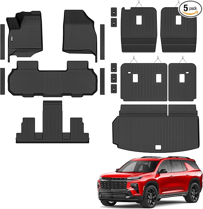 Floor Mats & Trunk Mat & Backrest Mat for 2024-2026 Chevy Traverse 7 Seats | All Weather TPE Rubber Cargo Liner and 2nd & 3rd Row Backrest Mat Door Sill Guards for Chevrolet Traverse 2026 Accessories