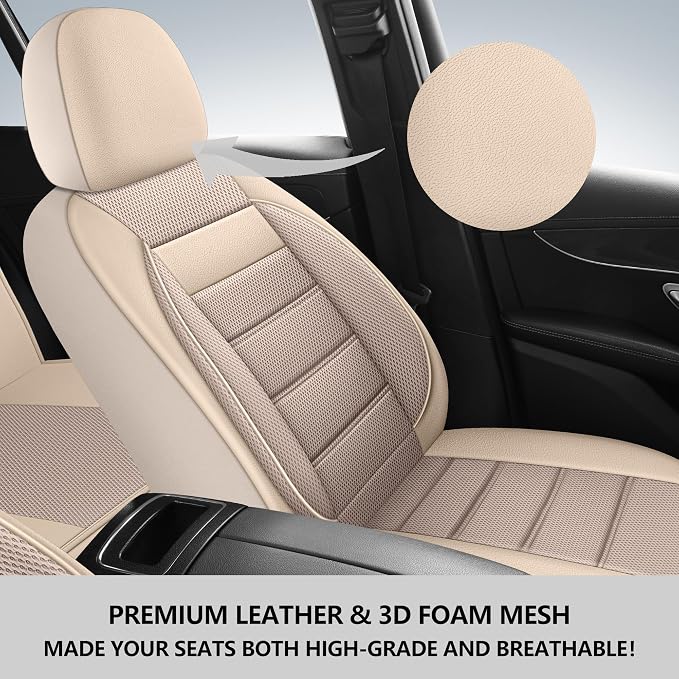 HChengkikz Car Seat Covers, Leather, 3D Foam Back Support (Beige) | Air Mesh, Airbag Compatible, Universal Fit for Most Cars, Vans, Trucks, SUVs