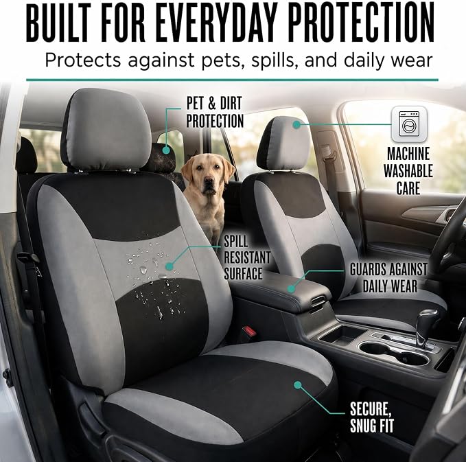 FH Group Universal Fit Gray Black Automotive Seat Covers Combo Set with Steering Wheel Cover and Seat Belt Pad fits Most Cars, SUVs, and Trucks (Airbag Compatible and Split Bench)