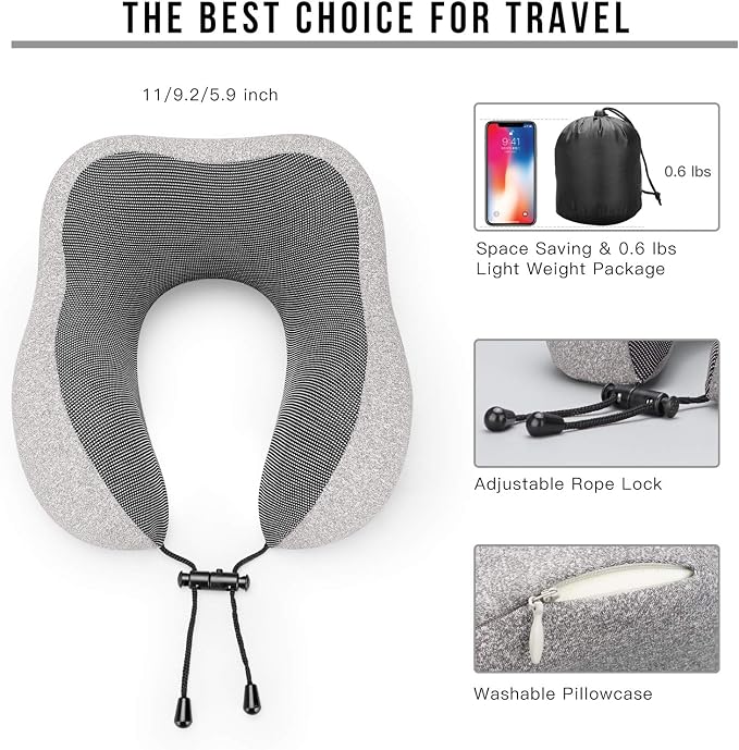 MLVOC Neck Pillow for Traveling, Upgraded 100% Pure Memory Foam Travel Neck Pillow for Airplane Flight Sleep, Breathable & Machine Washable Cover, Travel Kit with 3D Eye Mask, Earplugs & Bag, Grey | memor foam