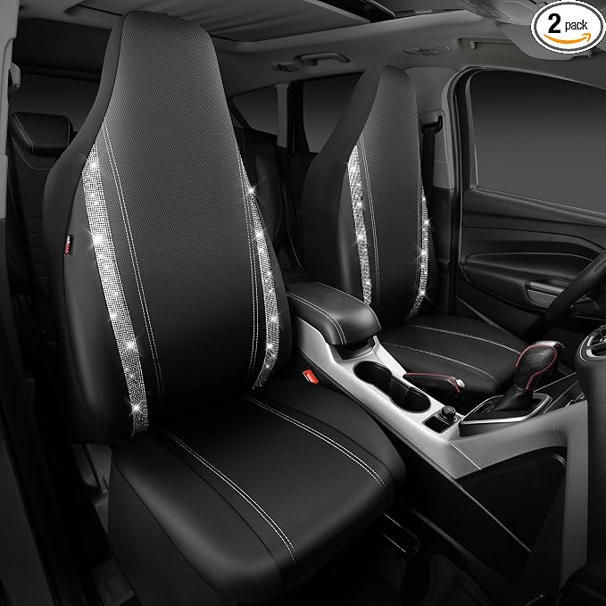 CAR PASS Leather Car Seat Covers Front Two Tesla Model 3 Model Y, Bling Waterproof Universal fit High Back Bucket Diamond Shining Glitter Crystal Sparkle, Truck SUV Cute Women Girl, Silver Rhinestone