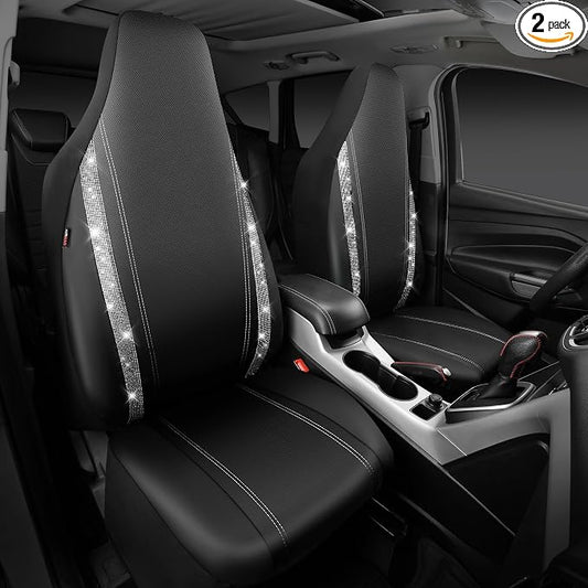 CAR PASS Leather Car Seat Covers Front Two Tesla Model 3 Model Y, Bling Waterproof Universal fit High Back Bucket Diamond Shining Glitter Crystal Sparkle, Truck SUV Cute Women Girl, Silver Rhinestone