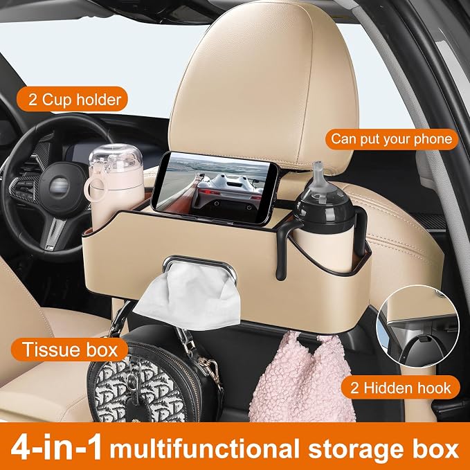 Car Rear Backseat Extra Multifunctional Drink Cup Holder Organizers with Tissue Storage Box Organizer & Hooks for Car Seat Back. Beige