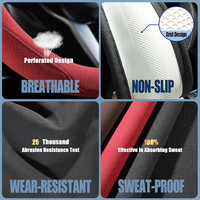 Red Suede Steering Wheel Cover Universal 14.5 inch to 15 inch | Warm in Winter and Cool in Summer, Felt Car Accessories, Breathable Non-Slip Sweat-Proof Wear-Resistant