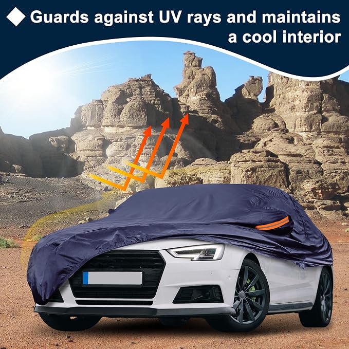 Navy Blue Heavy Duty Waterproof Car Cover for Sedan 185"-191" - All-Weather UV Protected Outdoor Full Exterior Cover with Sun/Snow/Rain Resistance