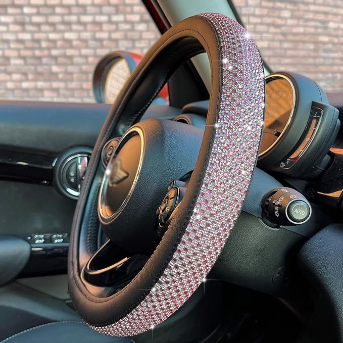 PINCTROT Bling Bling Comfy Steering Wheel Cover with Jumbo Crystal Rhinestones, Anti-Slip Diamond Leather, Universal 15 Inch (Pink)