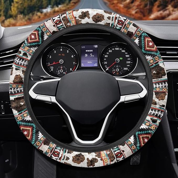 Wanyint Car Steering Wheel Cover 15 Inch Universal Breathable Soft Anti-Slip Auto Accessories Steering Wheel Protector Fit for Most Vehicles, Aztec Geometric Cow Print