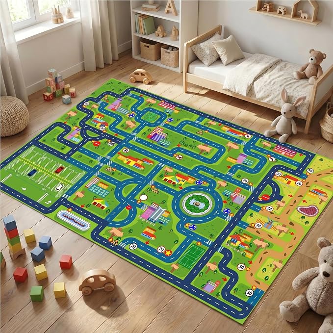 yongjoy Car Rug Road Map Area Rug, 59" x 39.4" Non-Slip Floor Mat | Road Map Pattern, Colorful Car-Themed Design, Soft Low-Pile Surface, Non-Slip Backing