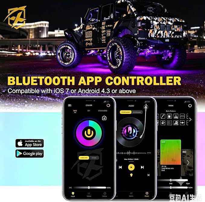 Xprite Colorful LED Rock Lights Kit with Bluetooth & Wireless Remote Controller, Multicolor Cars Underglow, Wheel, Footwell Neon Light Kits, for Off-Road UTV ATV Trucks SUV Motorcycle Boats - 8 Pods
