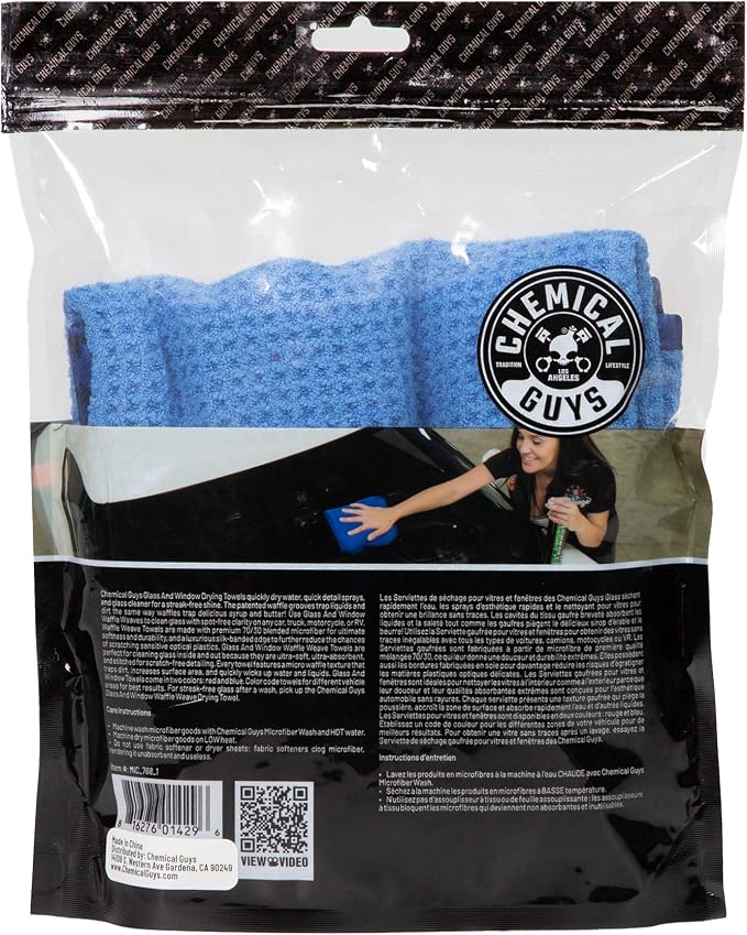 Chemical Guys Waffle Weave Glass Cloth Microfiber Towel, Blue, 24 x 16 | For streak-free cleaning on cars, trucks, and SUVs, blue waffle weave streak-free cleaning cloth, lifts fingerprints