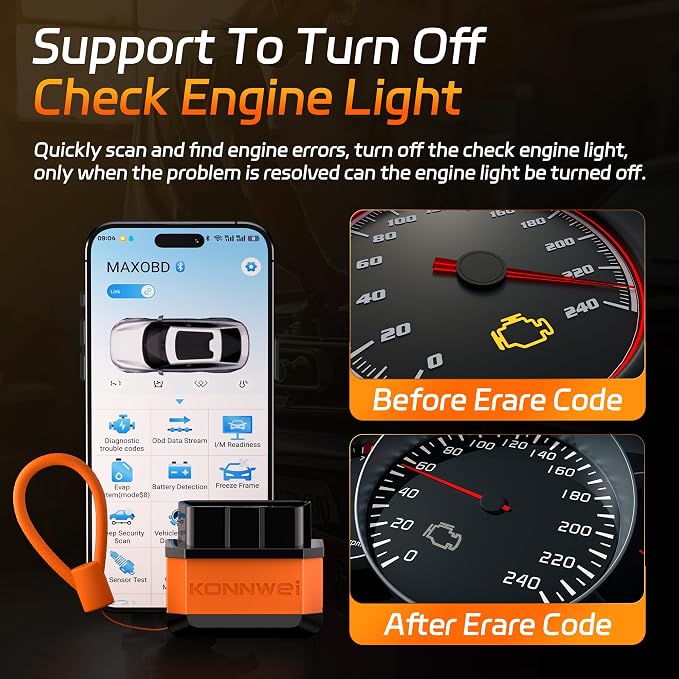 KONNWEI OBD2 Bluetooth Scanner Engine Code Reader w/Power ON/Off Button | Wireless Car Scanner w/Battery voltage Test Live Data Stream Freeze Frame I/M Readiness for iOS & Android
