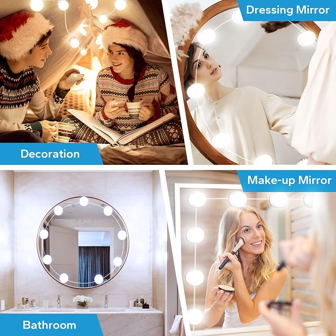LED Vanity Lights For Mirror, Vanity Lights Stick on with 10 Dimmable Bulbs, 3000K 4000K 6500K & 10 Level Brightness Adjustable, USB Cable, Hollywood Mirror Lights for Makeup Dressing Room Bathroom