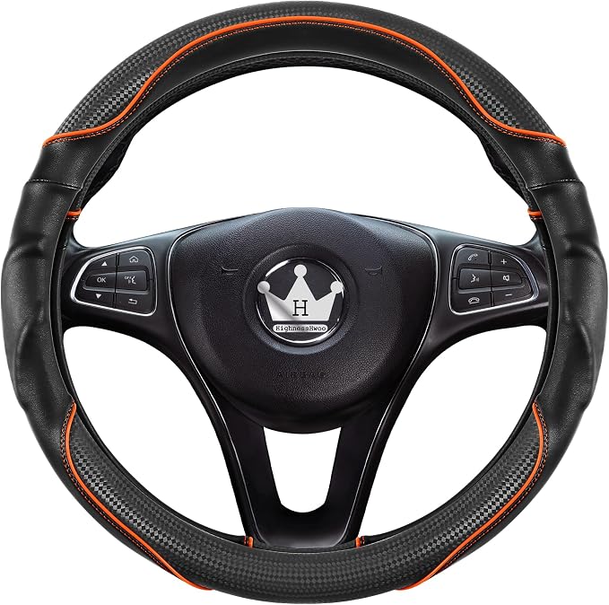 HighnessHwoo 3D Car Steering Wheel Cover Comfort Grip Massage Sporty Anti-Slip Carbon Fiber Faux Leather for Sedan SUV, Universal Fit, Car Handle Covers for All Seasons, 14.75-15.15in, Orange