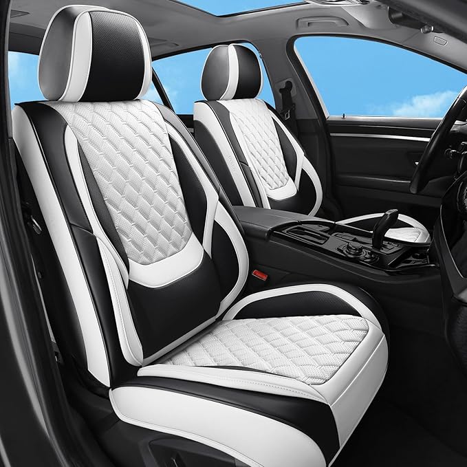 Car Seat Covers Full Set,5 Seat White Leather Seat Covers for Cars,Front Seats and Back Seat Cover,Waterproof Car Seat Cushion Protectors,Universal Fit for Most Cars SUV Trucks (White Black, Full Set)