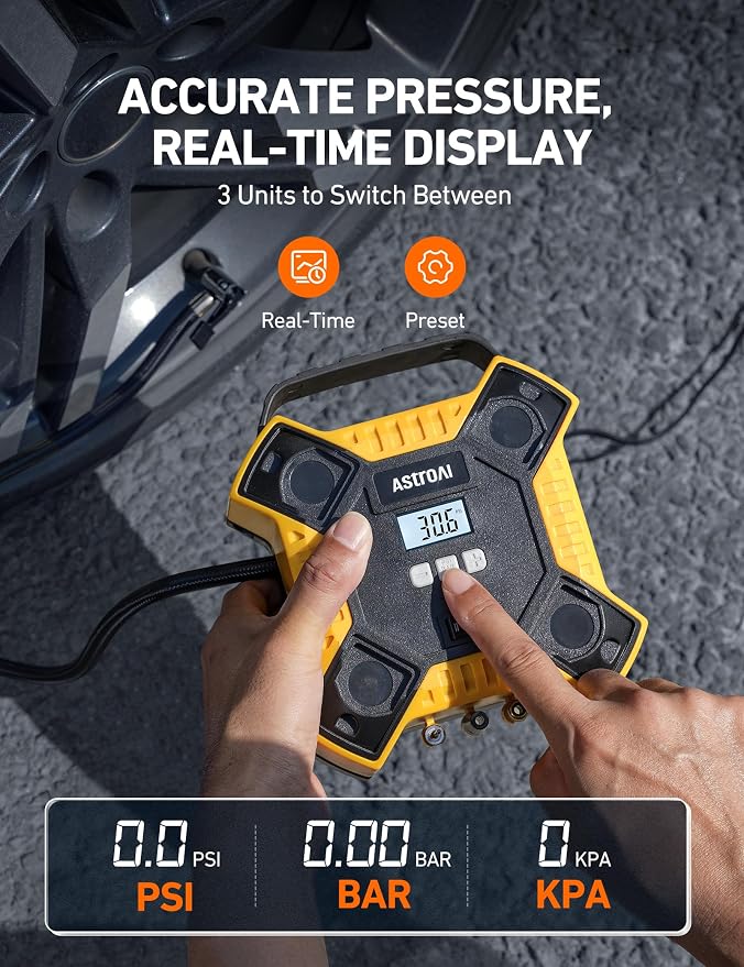 AstroAI 160PSI Tire Inflator Portable Air Compressor 12V DC Metal Cylinder | Auto Shut-Off 10Ft Cord LED Light Fast Inflation Air Pump for Car Tires, Bicycles, Motorcycles and Other Inflatables(Yellow)